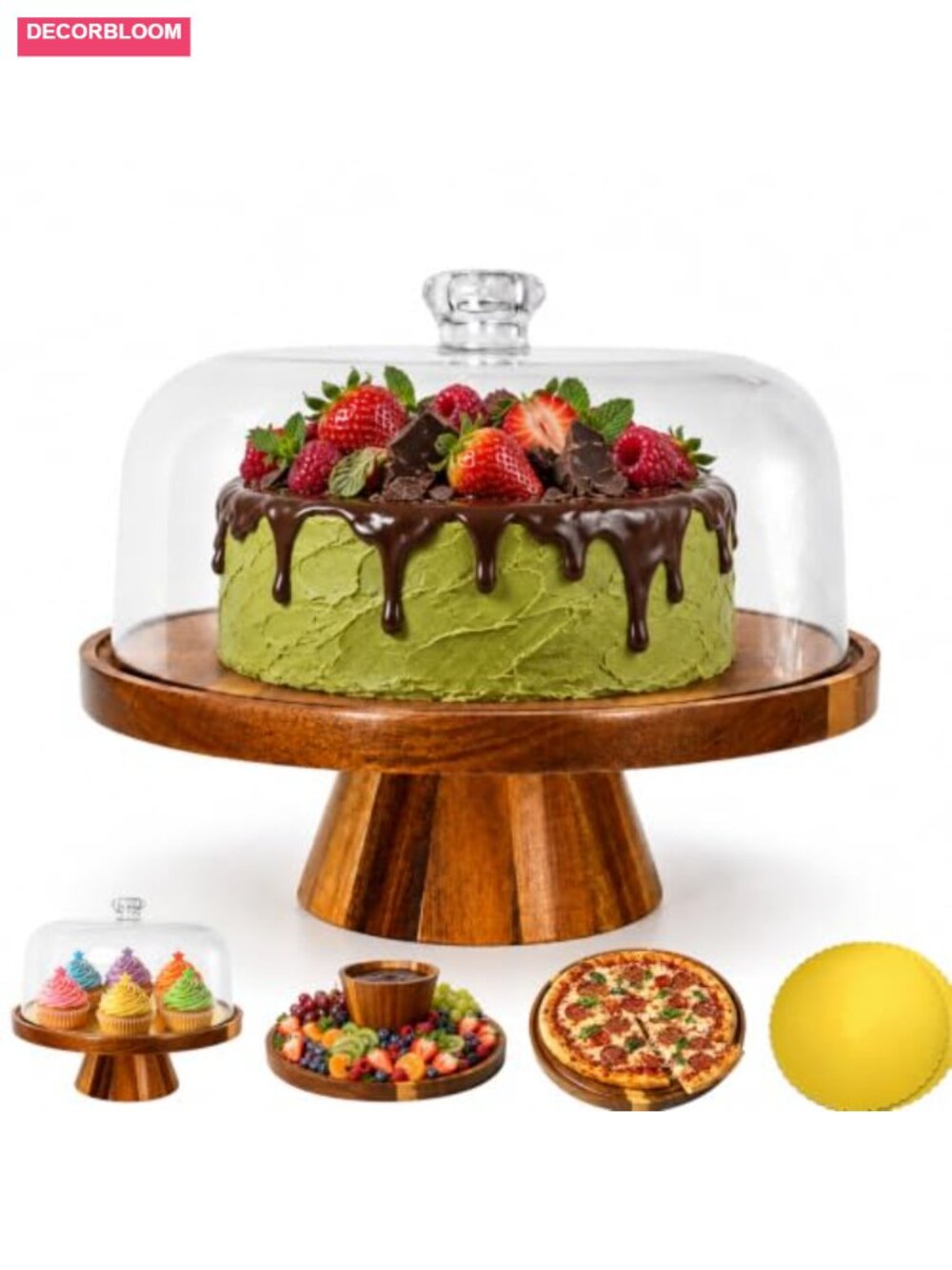 Acacia Wood Cake Stand Acrylic Dome Charcuterie Dip Serving Tray 12 Inch